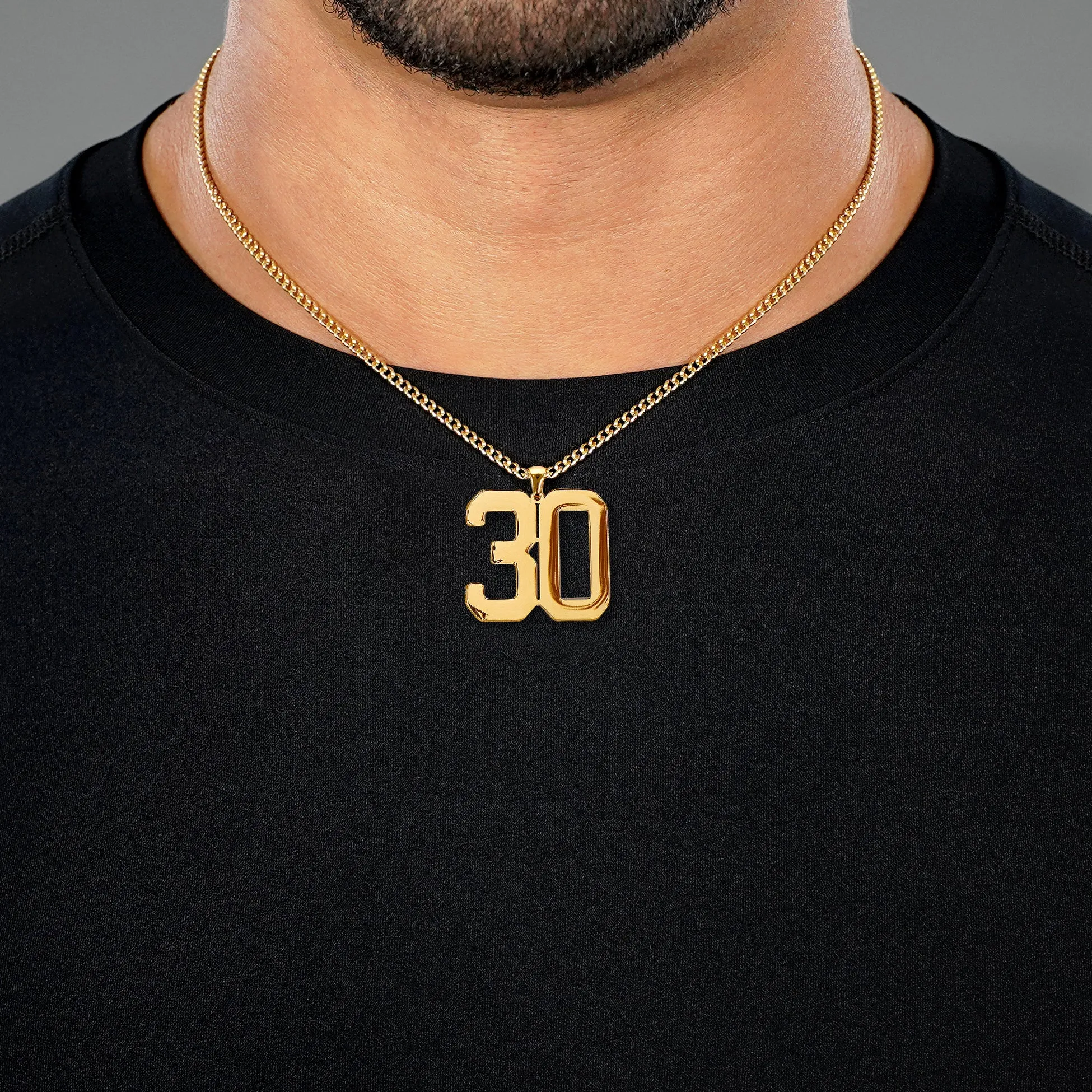 30 Number Pendant with Chain Necklace - Gold Plated Stainless Steel